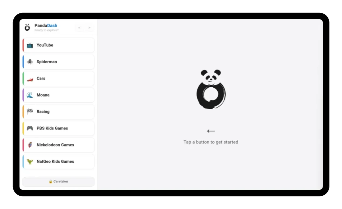 PandaDash main screen showing a column of large labeled buttons including YouTube, Spiderman, Cars, and Moana