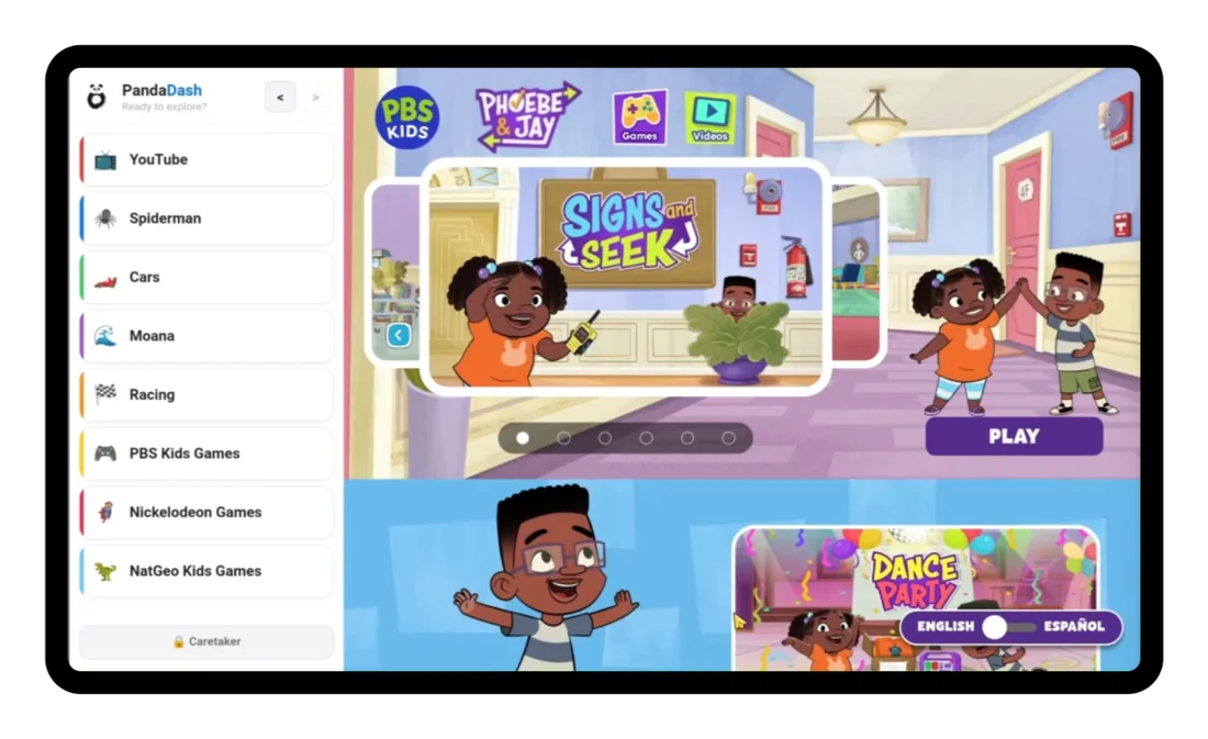 A PBS Kids game called Signs and Seek open inside PandaDash