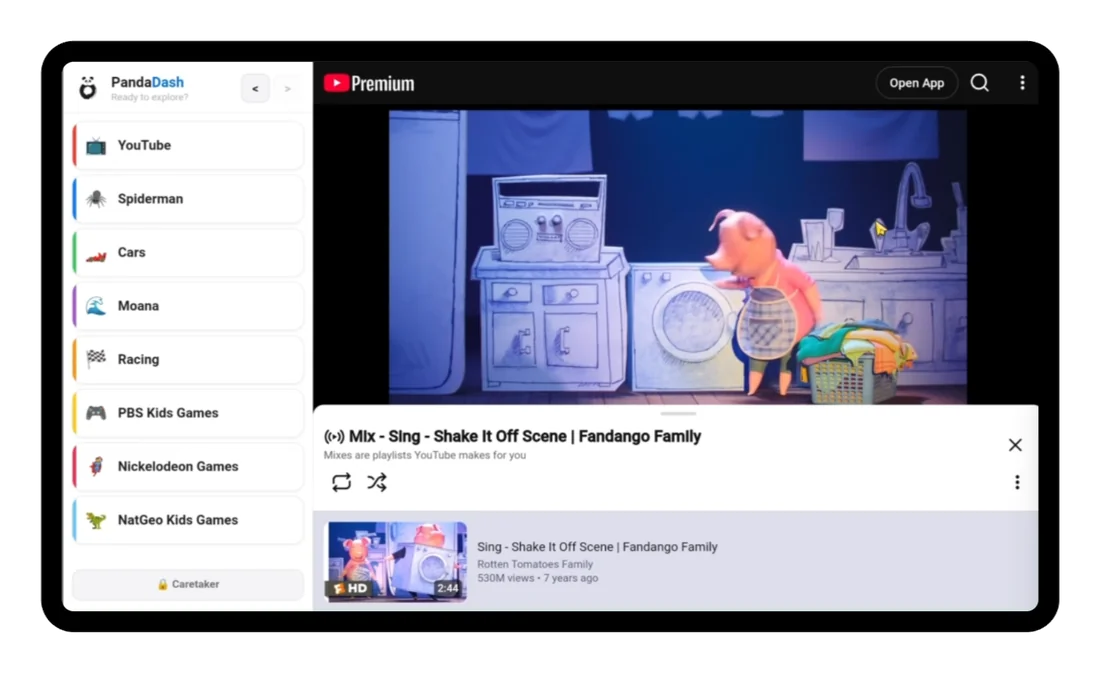 A YouTube Premium video playing full width inside PandaDash, with the button list still visible on the left