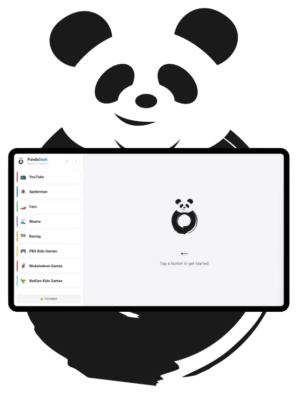 PandaDash main screen, cradled in the panda mark, showing a column of large labeled buttons including YouTube, Spiderman, Cars, and Moana