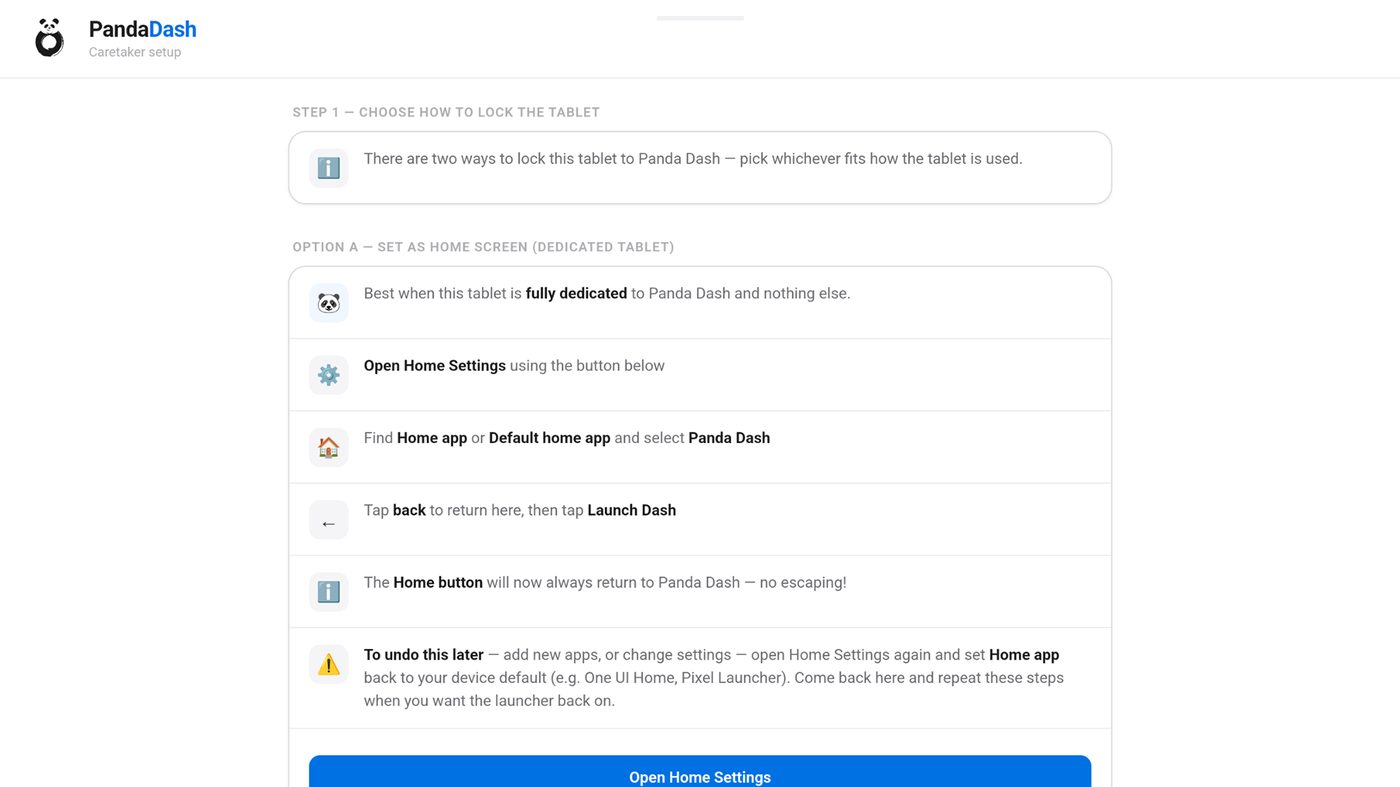 PandaDash caretaker setup screen showing how to lock the tablet to the app