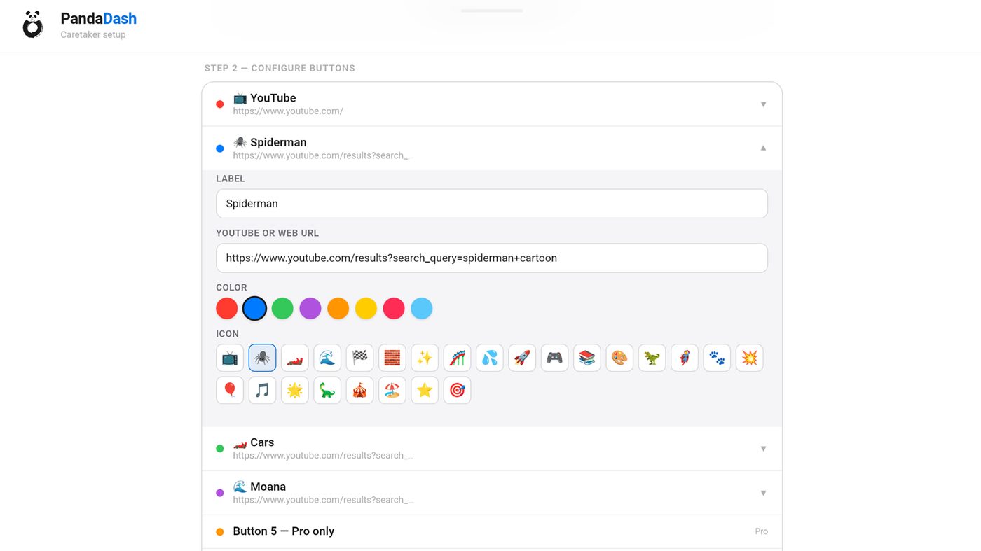 PandaDash button configuration screen showing labels, colors, and icons for each button