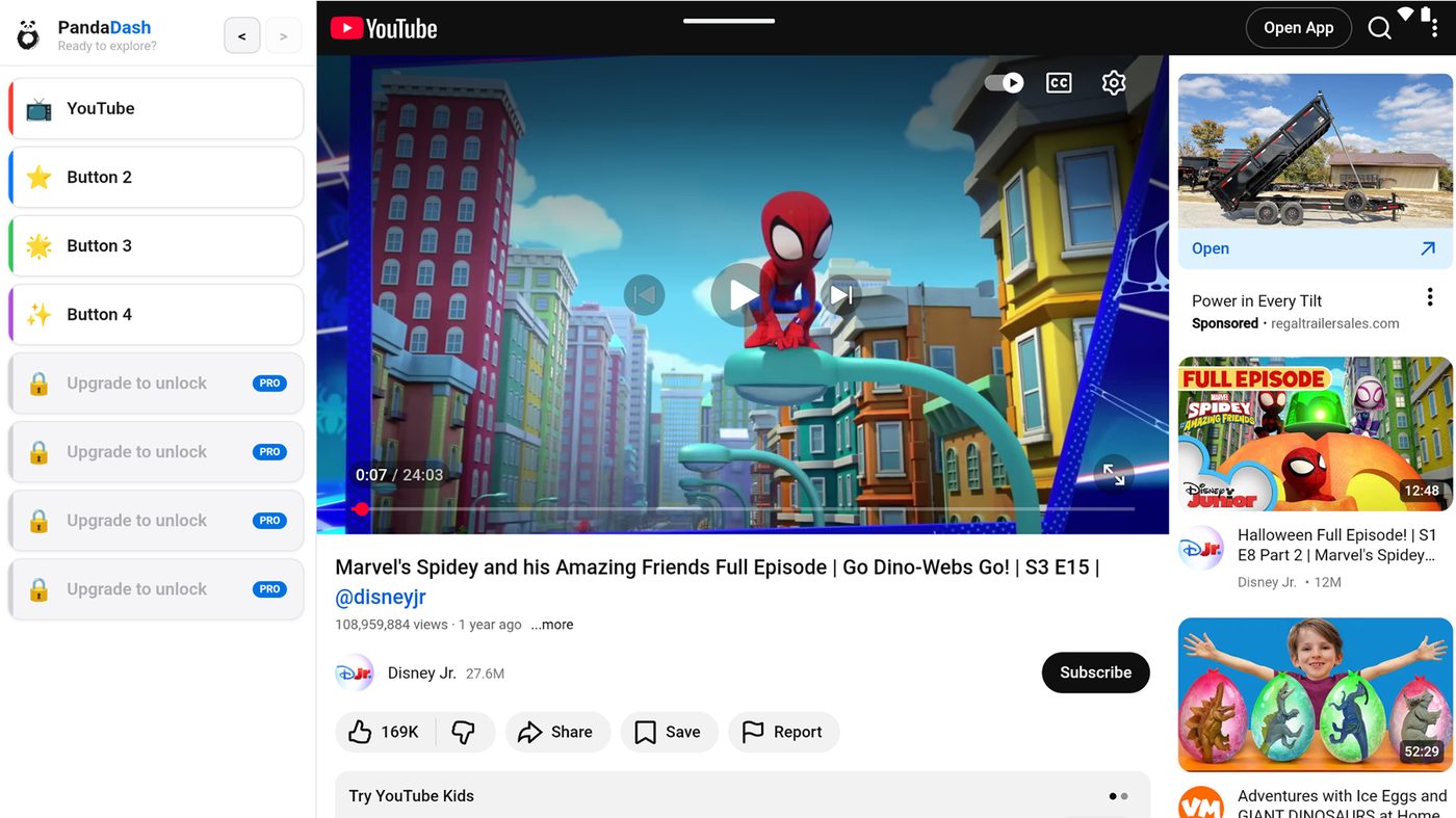 A YouTube video playing full width inside PandaDash, with the button menu still visible on the left
